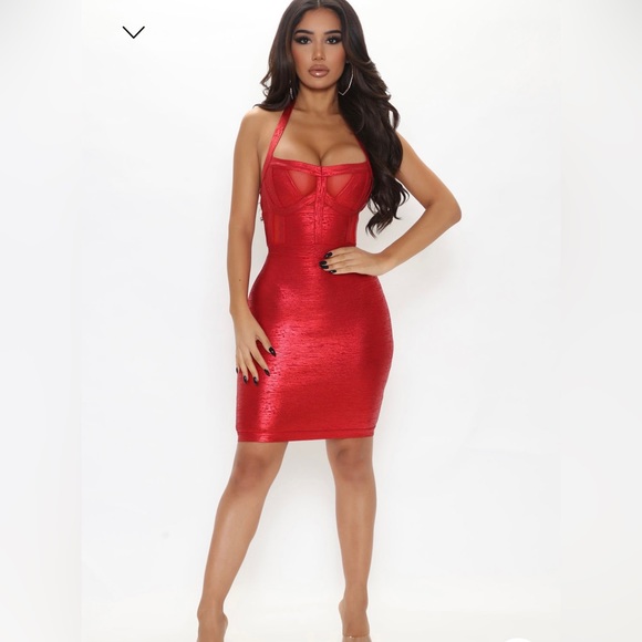 Fashion Nova Dresses Red Metallic Halter Bodycon Dress Poshmark